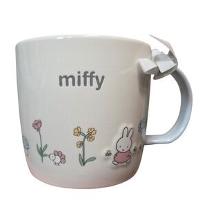 Miffy Ceramic Coffee Mug White Blue Floral Bunny Mushroom Easter Whimsical NEW